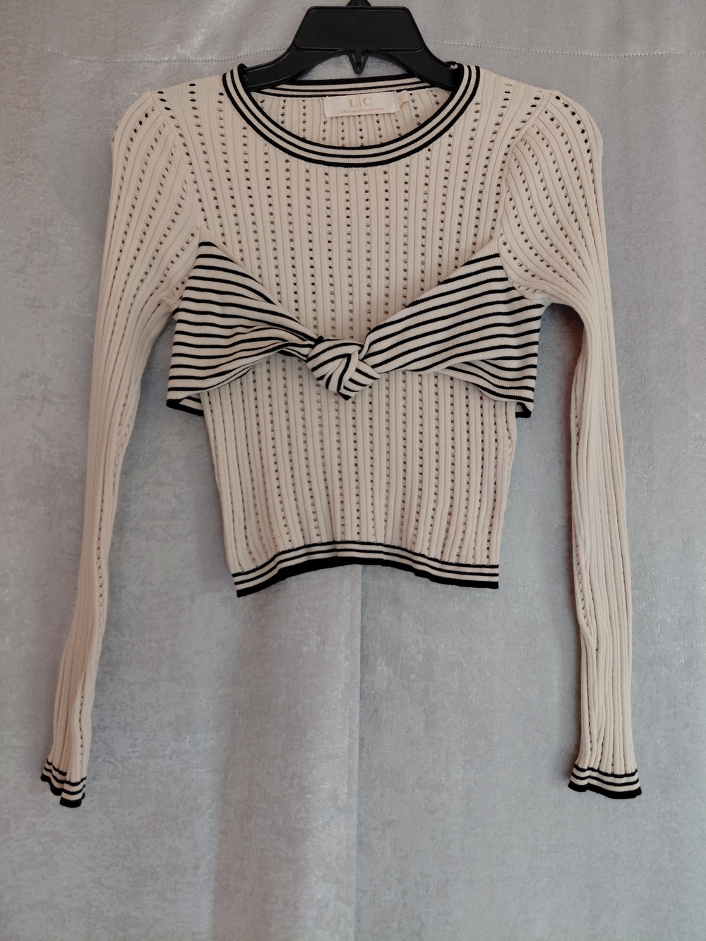 L C LIZZET COLLECTION Cream Ribbed Knit Top with Striped Bow Detail